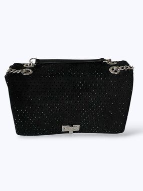 INC Black SPARKLING Soft Flap Shoulder Crossbody Bag Silver Turn-Lock Chain